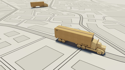 Wall Mural - Big cardboard box package on a wooden toy truck ready to be delivered on a road map