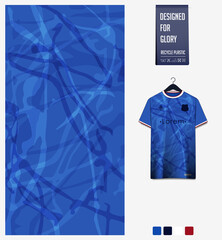 Fabric pattern design. Abstract pattern on blue background for soccer jersey, football kit or sports uniform. T-shirt mockup template. Abstract sport background.