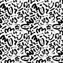 Poster - Wavy and swirled brush strokes vector seamless pattern. Black paint freehand scribbles, abstract ink background. Brushstrokes, smears, lines, squiggle pattern. Abstract wallpaper design, textile print