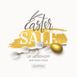 Vector elegant banner with 3d pussy willow, realistic gold egg and paint texture. Festive template with text Easter sale on golden foil brushstroke for flyers with special or discount offers.