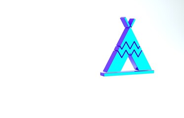 Sticker - Turquoise Traditional indian teepee or wigwam icon isolated on white background. Indian tent. Minimalism concept. 3d illustration 3D render