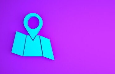 Sticker - Blue Folded map with location marker icon isolated on purple background. Minimalism concept. 3d illustration 3D render