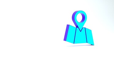 Sticker - Turquoise Folded map with location marker icon isolated on white background. Minimalism concept. 3d illustration 3D render