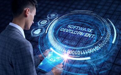 inscription software development on the virtual display. business, modern technology, internet and n