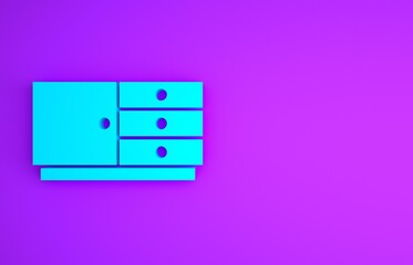 Sticker - Blue Chest of drawers icon isolated on purple background. Minimalism concept. 3d illustration 3D render