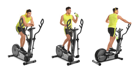 Wall Mural - Man using modern elliptical machine on white background, collage. Banner design