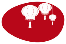 Red Sign Decorated With Three Chinese Lantern Silhouettes, Vector Illustration