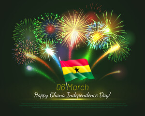 Wall Mural - Fireworks background for Ghana Independence Day. National day of Ghana African country festive banner, greeting card with fireworks and waving flag realistic vector illustration