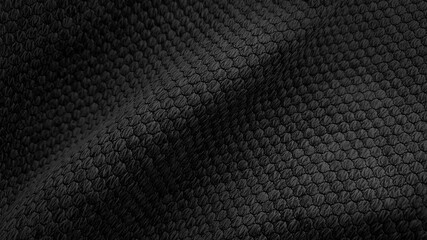 close up texture dark black fabric of sackcloth drapery, photo shoot by depth of field for object. wavy soft and smooth fabric background.