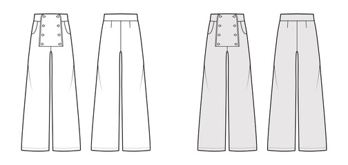Wall Mural - Set of Pants sailor technical fashion illustration with low waist, rise, full length, pockets, front buttons. Flat trousers bottom apparel template back, white grey color. Women, men unisex CAD mockup