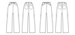 Set of Baggy Jeans Denim pants technical fashion illustration with normal low waist, high rise, 5 pockets, Rivets, belt loops. Flat front, back, white, color style. Women, men, unisex CAD mockup
