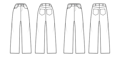 Wall Mural - Set of Baggy Jeans Denim pants technical fashion illustration with normal low waist, high rise, 5 pockets, Rivets, belt loops. Flat front, back, white, color style. Women, men, unisex CAD mockup