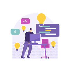 Wall Mural - a concept of a full stack developer, application programmer and website. illustration of a man working at an office desk, making a program or project. job or profession. flat style. vector design