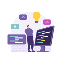 a concept of a full stack developer, application programmer and website. illustration of a man who is thinking of making a program or project. think of an idea. job or profession. flat style. vector
