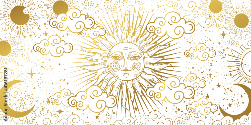 Aesthetic white background with golden sun with face, clouds and stars. Magic tarot card, celestial banner. Frame for astrology, witchcraft, predictions. Vector hand drawn illustration. - obrazy, fototapety, plakaty 