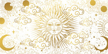 Aesthetic White Background With Golden Sun With Face, Clouds And Stars. Magic Tarot Card, Celestial Banner. Frame For Astrology, Witchcraft, Predictions. Vector Hand Drawn Illustration.
