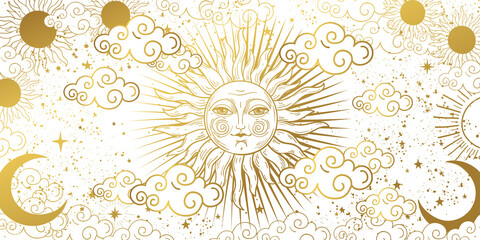 Wall Mural - Aesthetic white background with golden sun with face, clouds and stars. Magic tarot card, celestial banner. Frame for astrology, witchcraft, predictions. Vector hand drawn illustration.