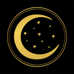 abstract boho hand drawn illustration, golden crescent moon with stars in a round frame on a black b