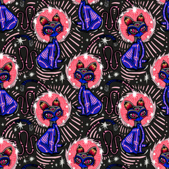 Magic living dead contemporary bone zombie three eye Cat demon seamless pattern. Retro modern kitty aesthetic background