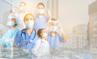 Poster - Double exposure of city and different doctors