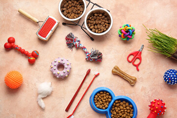  Different pet care accessories on color background