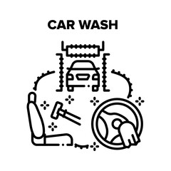 Canvas Print - Car Wash Service Vector Icon Concept. Body Car Wash And Cleaning Salon And Steering Wheel. Washing Technology Automation Station For Clean Vehicle, Carwash Equipment And Accessories Black Illustration