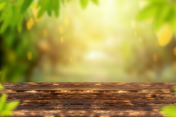 Mango garden with fruits and wooden table background.