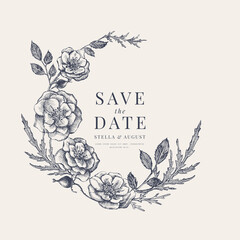 Poster - Hand-drawn poppy flower frame with place for text. Botanical vector illustration with buds and leaves of garden plant. Design element for postcard, an invitation in vintage style.