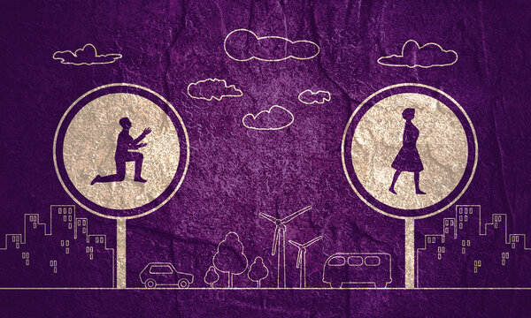 Silhouette of man in prayer pose. Man asking woman to marry or forgive him. Road signs with human icons. Thin line style scene