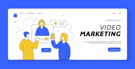 Wall Mural - modern people using online services. video marketing banner template. flat line vector illustration