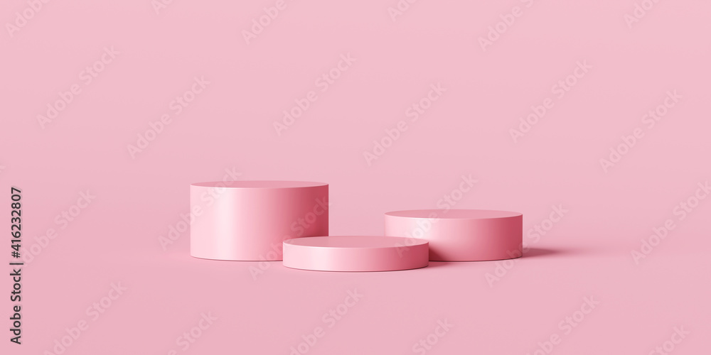 Pink product background stand or podium pedestal on empty display with pastel backdrops. 3D rendering. - obrazy, fototapety, plakaty 