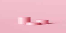 Pink Product Background Stand Or Podium Pedestal On Empty Display With Pastel Backdrops. 3D Rendering.