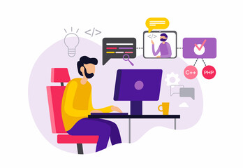 Wall Mural - online programming courses at home. flat vector illustration