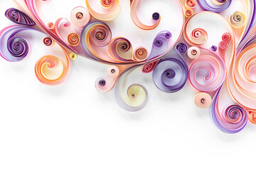 Wall Mural - Quilling paper art abstract background on white background with copy space. Filigree paper design template for advertising banner. Curls and rolls from colored paper a beautiful pattern.