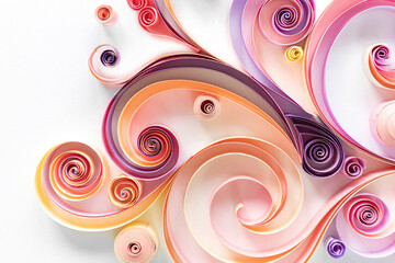 Wall Mural - Filigree paper curls close-up top view. Quilling paper art background with copy space for advertising banner. Quilling paper hobby composition example.