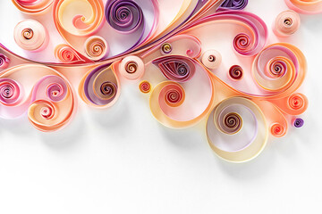 Wall Mural - Filigree paper background. Quilling paper flower patterns from strips of twisted colored paper for art panels. Abstract floral background on white with copy space.
