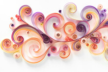 Quilling Paper Background. Colored Strips Of Paper Are Rolled And Curled For An Abstract Floral Arrangement. Panel From Quilling Paper In Pink And Purple Tones. Filigree Paper Hobby.