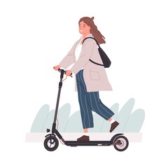 Sticker - Active young woman riding electric walk scooter. Modern female character driving eco urban transport. Colored flat vector illustration isolated on white background