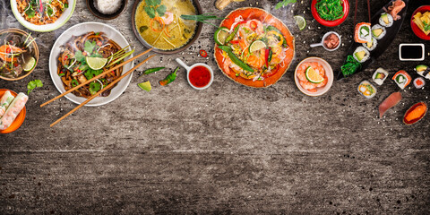 Wall Mural - Various of asian meals on rustic background , top view , place for text. Asian food concept.