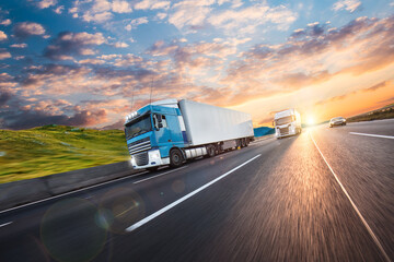 Truck with container on highway, cargo transportation concept. Shaving effect.