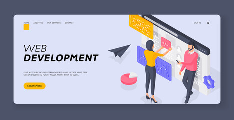 Wall Mural - programmers developing web software. banner template. isometric vector illustration