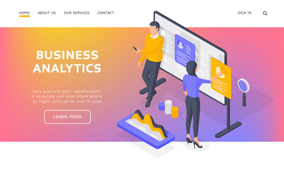 Wall Mural - business analysts working with data isometric vector illustration. baner template