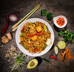 Wall Mural - Various of asian meals on rustic background , top view , place for text. Asian food concept.