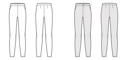 Pants flat front technical fashion illustration with low waist, rise, full length, slant slashed pockets. Flat casual bottom trousers apparel template back, white grey color. Women unisex CAD mockup