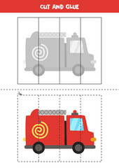 Canvas Print - Cut and glue game for kids. Cartoon fire truck.