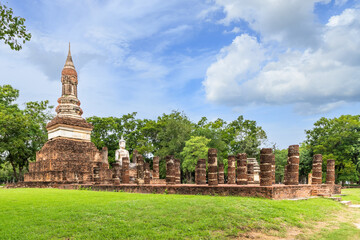 Wat Trapang Ngoen, ancient temple with three top pagoda in Sukhothai Historical Park, Thailand, UNESCO World Heritage site.