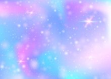 Fairy Background With Rainbow Mesh.  Multicolor Universe Banner In Princess Colors. Fantasy Gradient Backdrop With Hologram. Holographic Fairy Background With Magic Sparkles, Stars And Blurs.