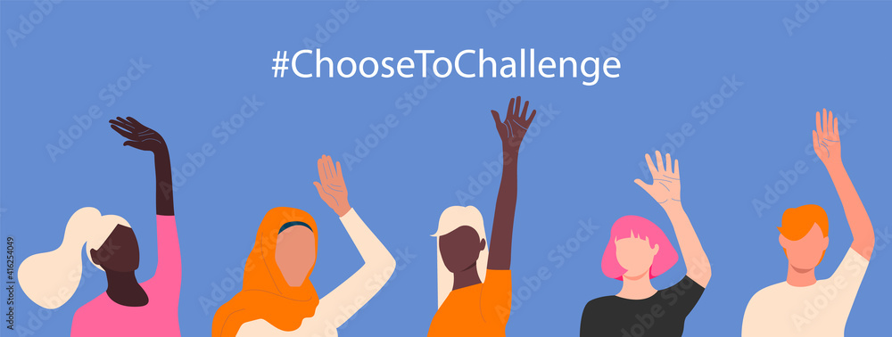 International womens day. 8th march. Choose To Challenge. Horizontal poster with different skin color womens hand up. Vector illustration in flat style for greeting card, postcard, banner. Eps 10. - obrazy, fototapety, plakaty 
