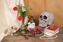 Wildflowers, Poppies In An Old Brass Jug On An Old Wooden Table, Skull, Alarm Clock, Books, Grapes, Silk Drapery, The Concept Of Symbolism In Art, Dutch Still Life