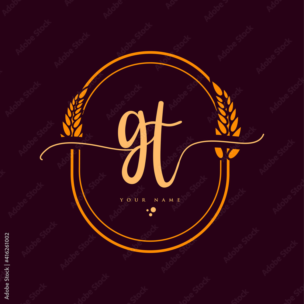 GT Initial handwriting logo. Hand lettering Initials logo branding with wreath, Feminine and luxury logo design isolated on elegant background.
